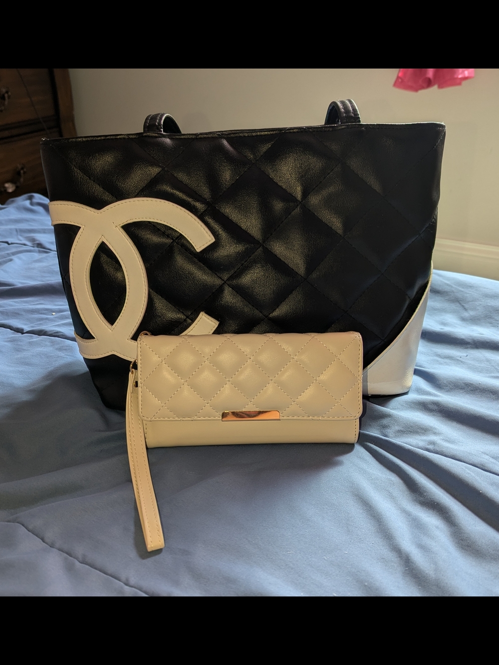 Chic Black & White Quilted Tote with Matching Wallet